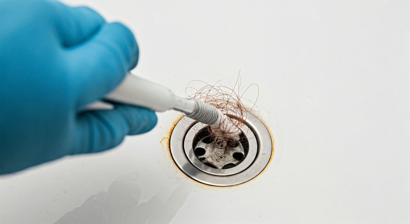 Person in blue gloves using a 'zip-it' tool to remove a hair clog from a shower drain.