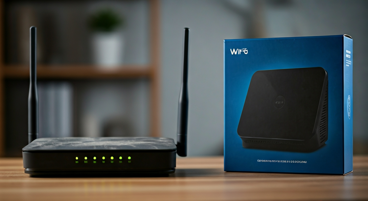 An old, dusty WiFi router with blinking lights sits beside a new, modern WiFi 6 router in its packaging, indicating an upgrade.