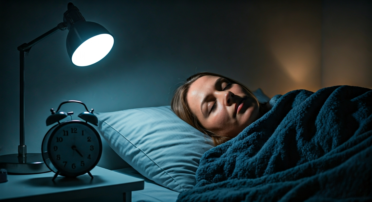A person lies peacefully in bed in a dark, serene bedroom with soft ambient lighting, sleeping soundly under a cozy blanket.