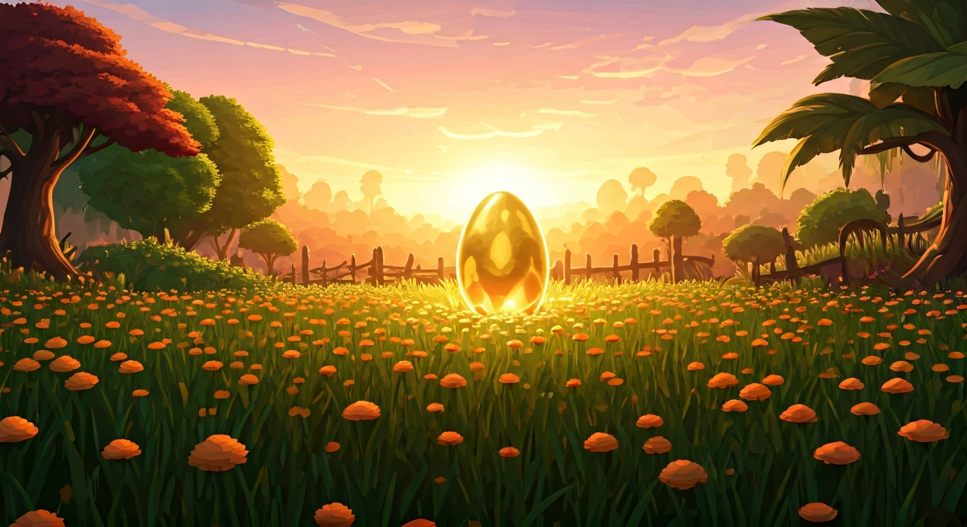 A scenic Palworld breeding farm at sunset, featuring a glowing Pal egg and two majestic parent Pals standing near a heart-shaped icon, with 'Palworld Breeding Guide' text.