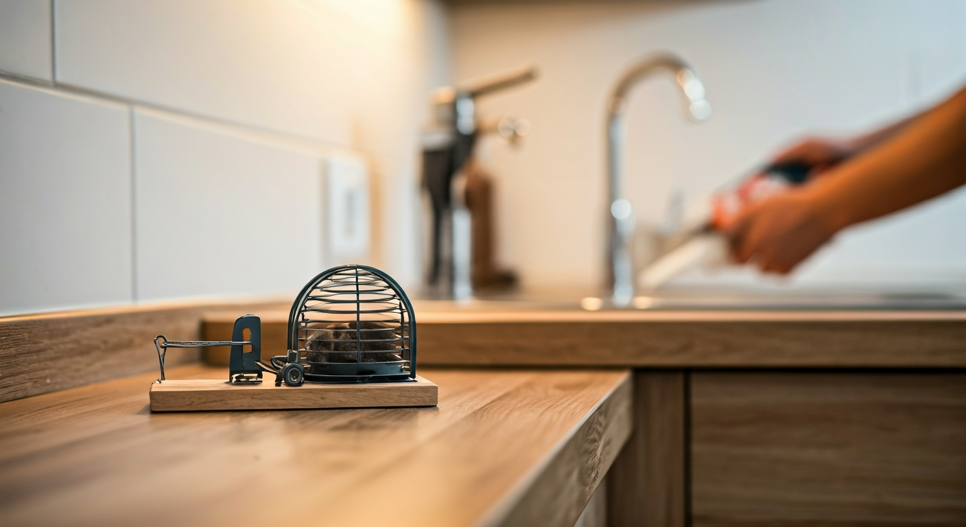 A clean kitchen scene showing a person sealing a pipe entry point with a caulk gun, with a small mouse trap visible on the counter.