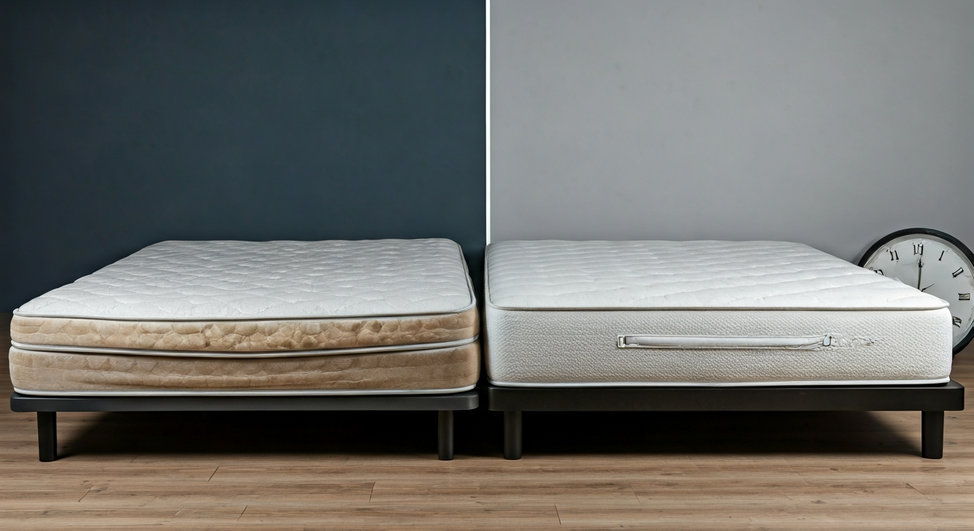 An image showing a faded, sagging old mattress on one side, and a fresh, firm new mattress on the other, with a timeline indicating 7 to 10 years of use.
