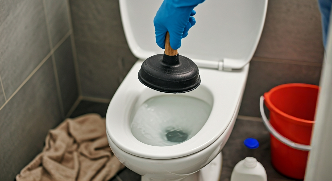 A person wearing blue rubber gloves and safety glasses uses a black flange plunger to clear a toilet clog. Towels protect the floor, and a bucket and dish soap are visible nearby, indicating a clean and active plumbing repair.