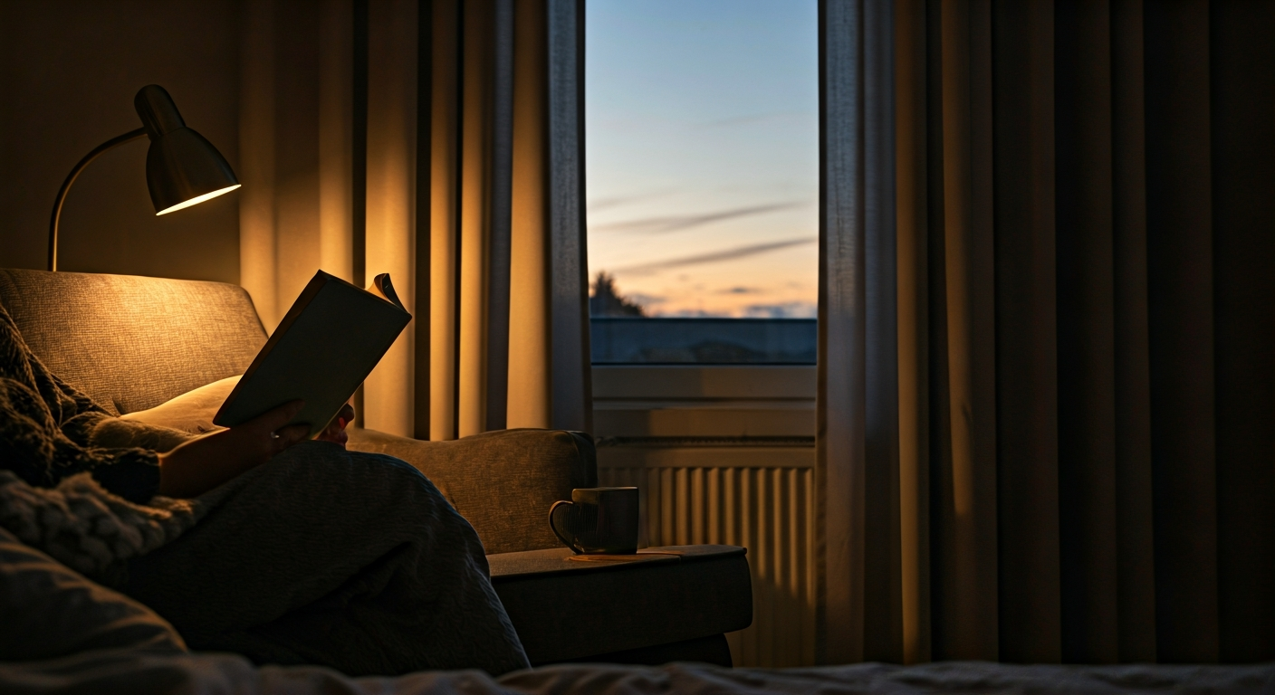 A person reading a physical book in a dimly lit, cozy bedroom, with a mug of herbal tea nearby, symbolizing a peaceful evening wind-down routine.