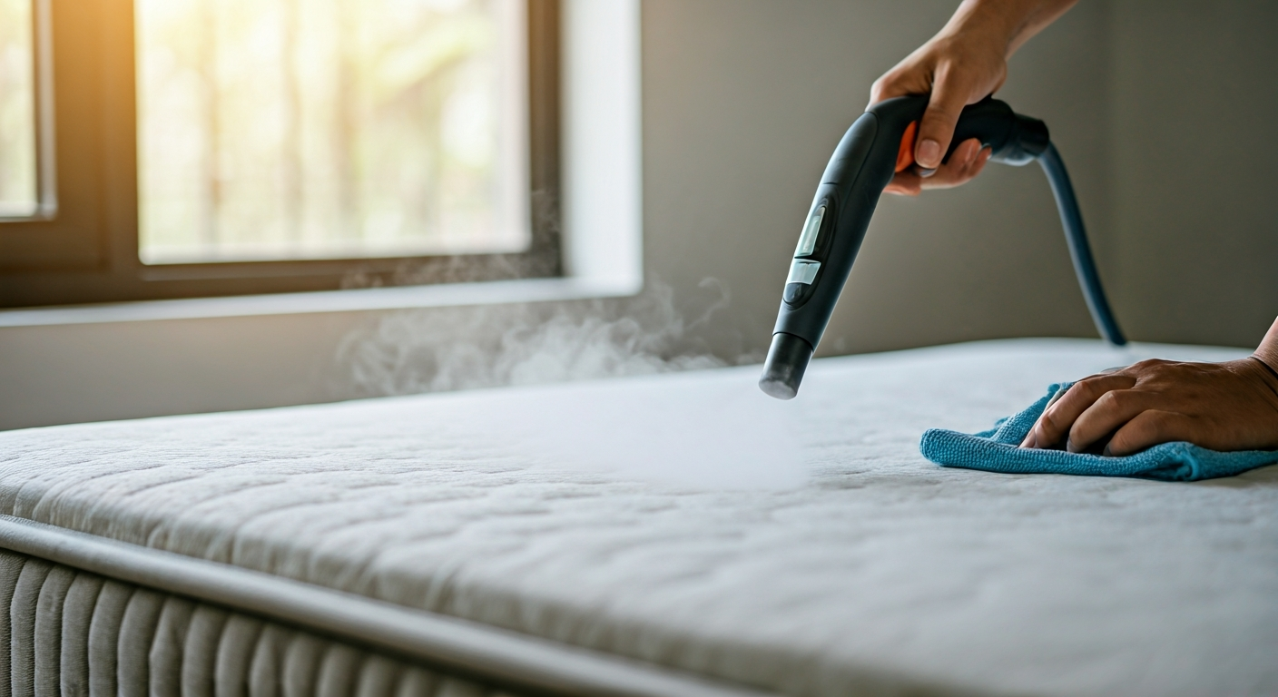 A person uses a handheld steam cleaner on a mattress, moving quickly to prevent over-wetting. A clean microfiber cloth lies nearby for blotting, and a fan helps ventilate the room, emphasizing safe, dry mattress cleaning.