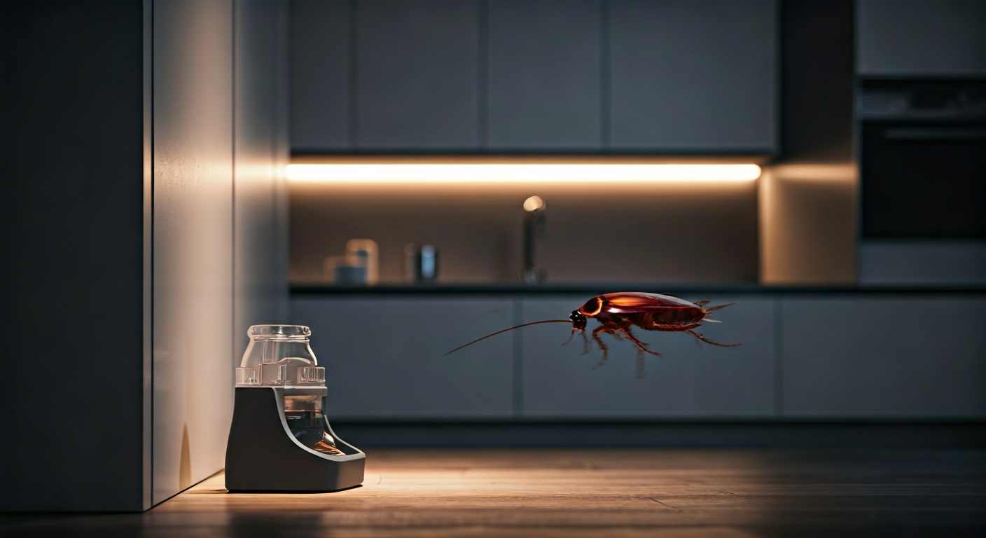 Roach bait station strategically placed in a clean kitchen corner, with subtle lighting, representing effective home pest control.