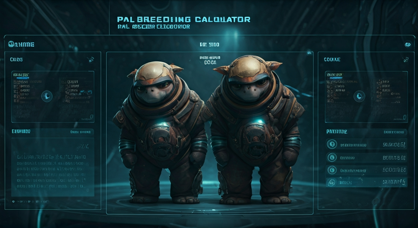 A digital screen displaying a Palworld breeding calculator interface, with images of parent Pals and their potential offspring, overlaid with the text 'Pal Breeding Calculator'.