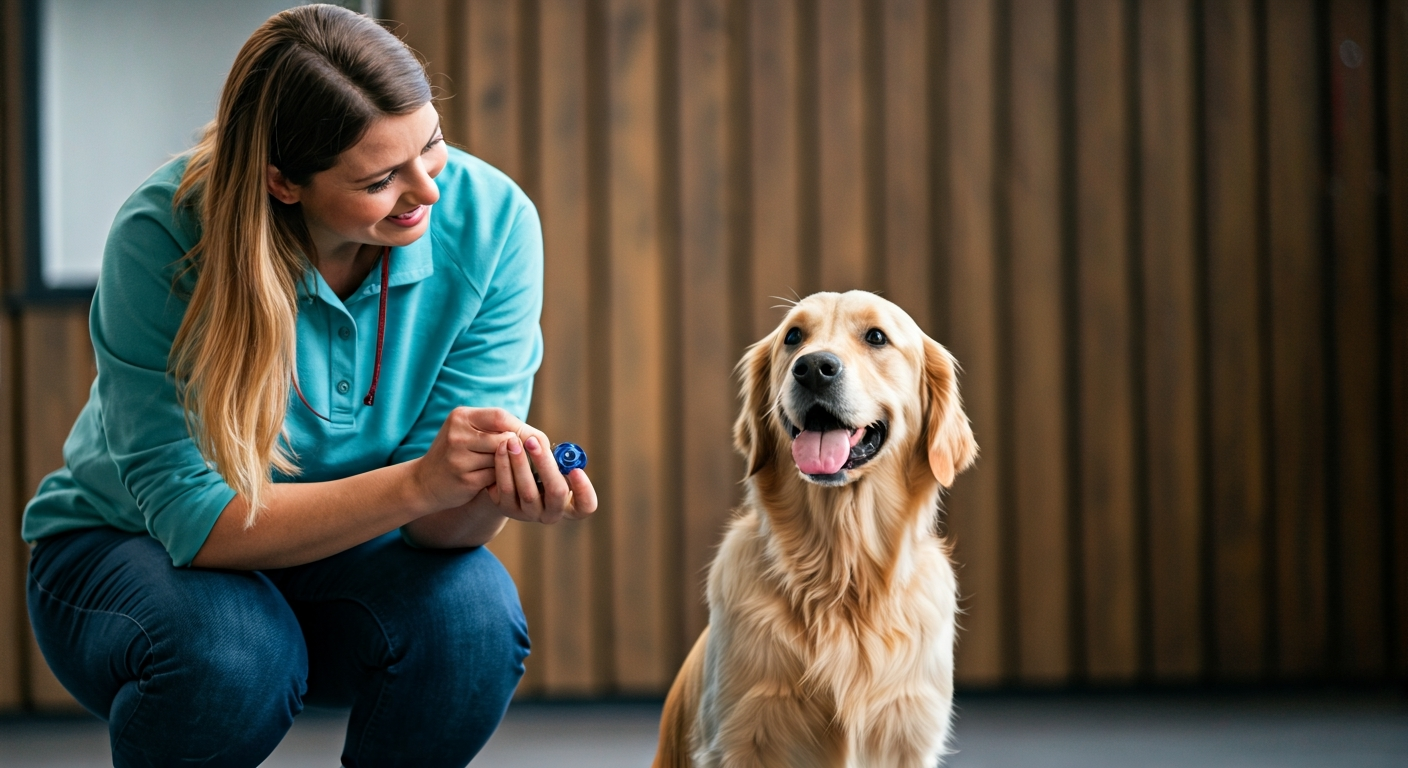 A Golden Retriever sits calmly next to its smiling owner, who holds a clicker and treat, in a bright training room.