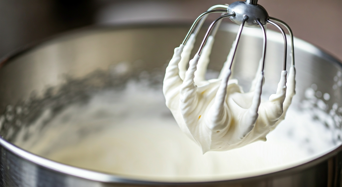 Fluffy white whipped cream with soft peaks in a stainless steel mixing bowl with a whisk.