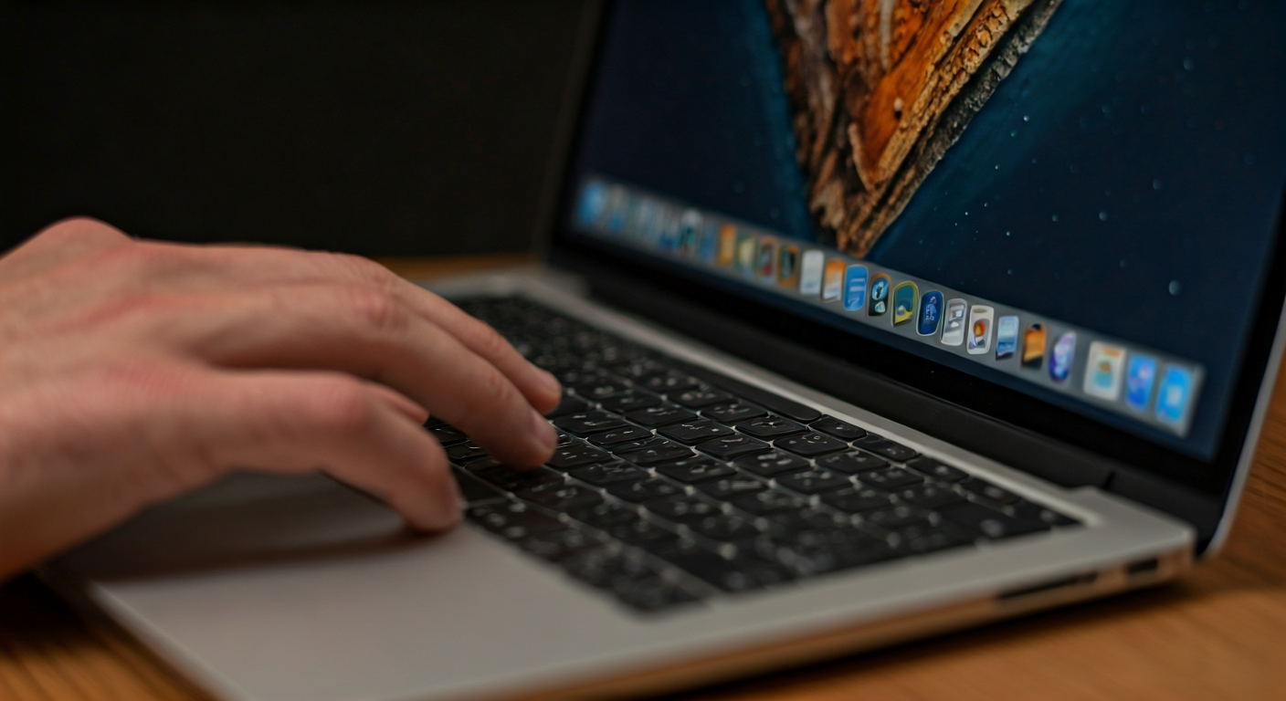 A hand pressing keyboard shortcuts Command, Shift, and 3 on a MacBook Air to capture a full screen screenshot.