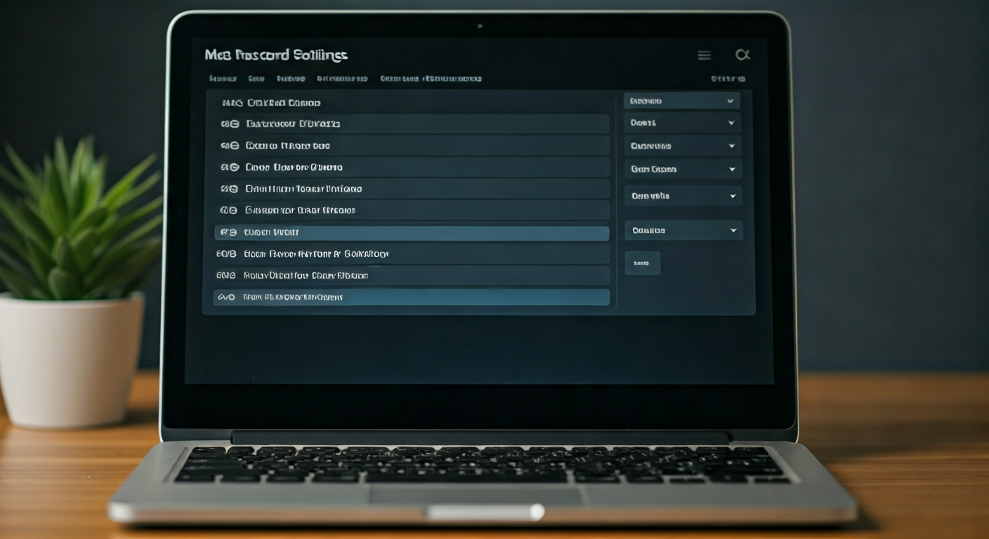 A close-up of a MacBook screen showing a screen recording interface, with options for resolution, frame rate, and codec. The text 'Mac Record Settings' is clearly visible on the screen.