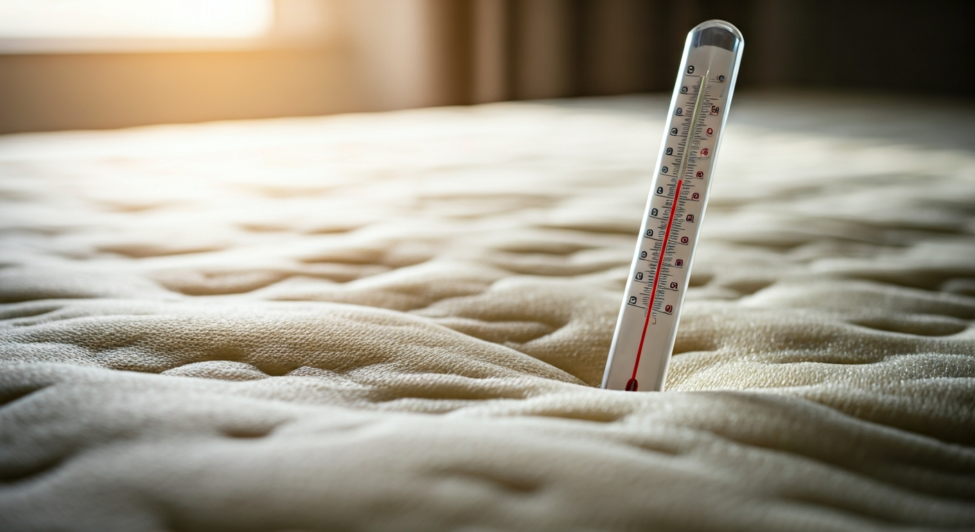 A thermometer showing 120°F resting on a memory foam mattress with a visible heat-induced sag and slight yellowing, indicating heat damage.