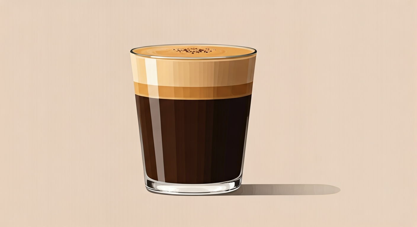 A small glass containing a Cortado coffee, with a dark espresso base topped by a smooth, off-white layer of steamed milk, set against a simple, light background.
