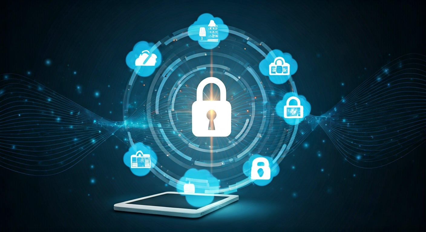 Icons representing various cloud storage providers with a central lock, signifying secure data alternatives, connecting to digital devices.