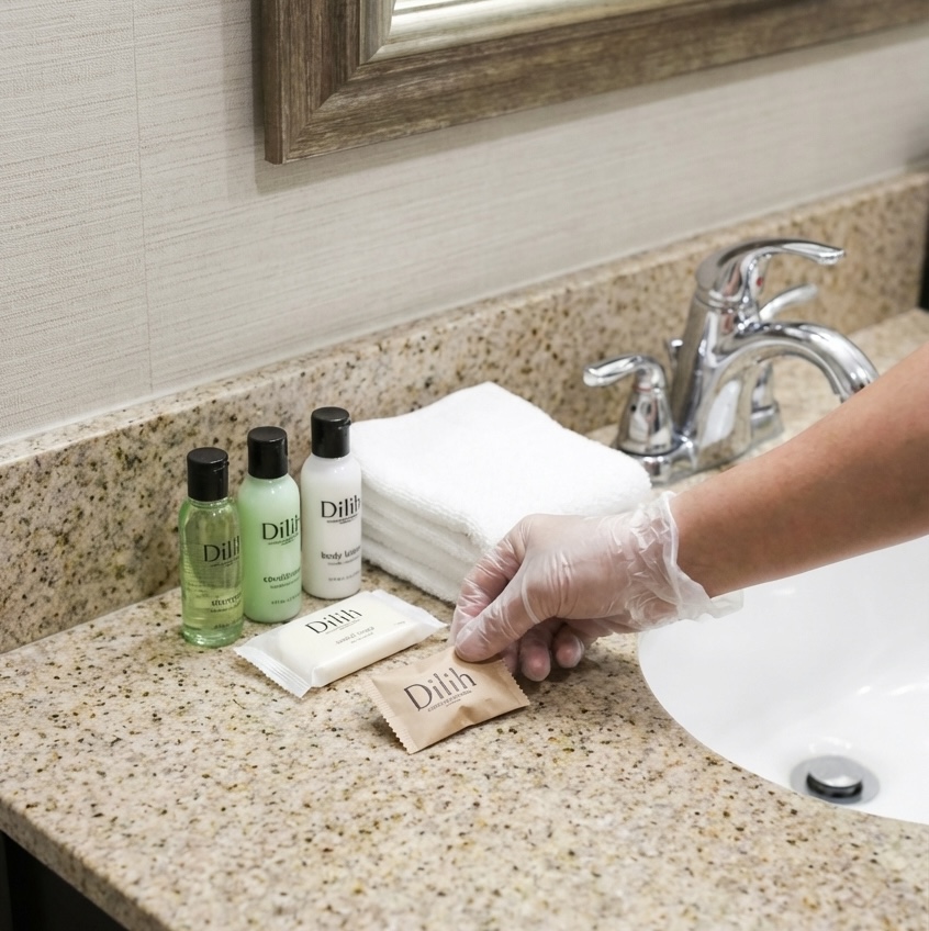 Neatly placed Dilih tablet with organized hotel amenities