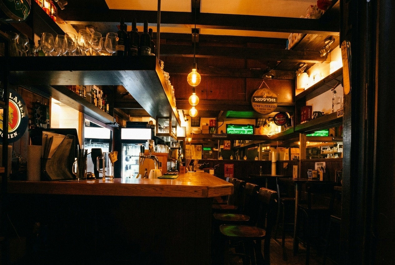 An artistic image of a cozy bar entrance with warm lighting.