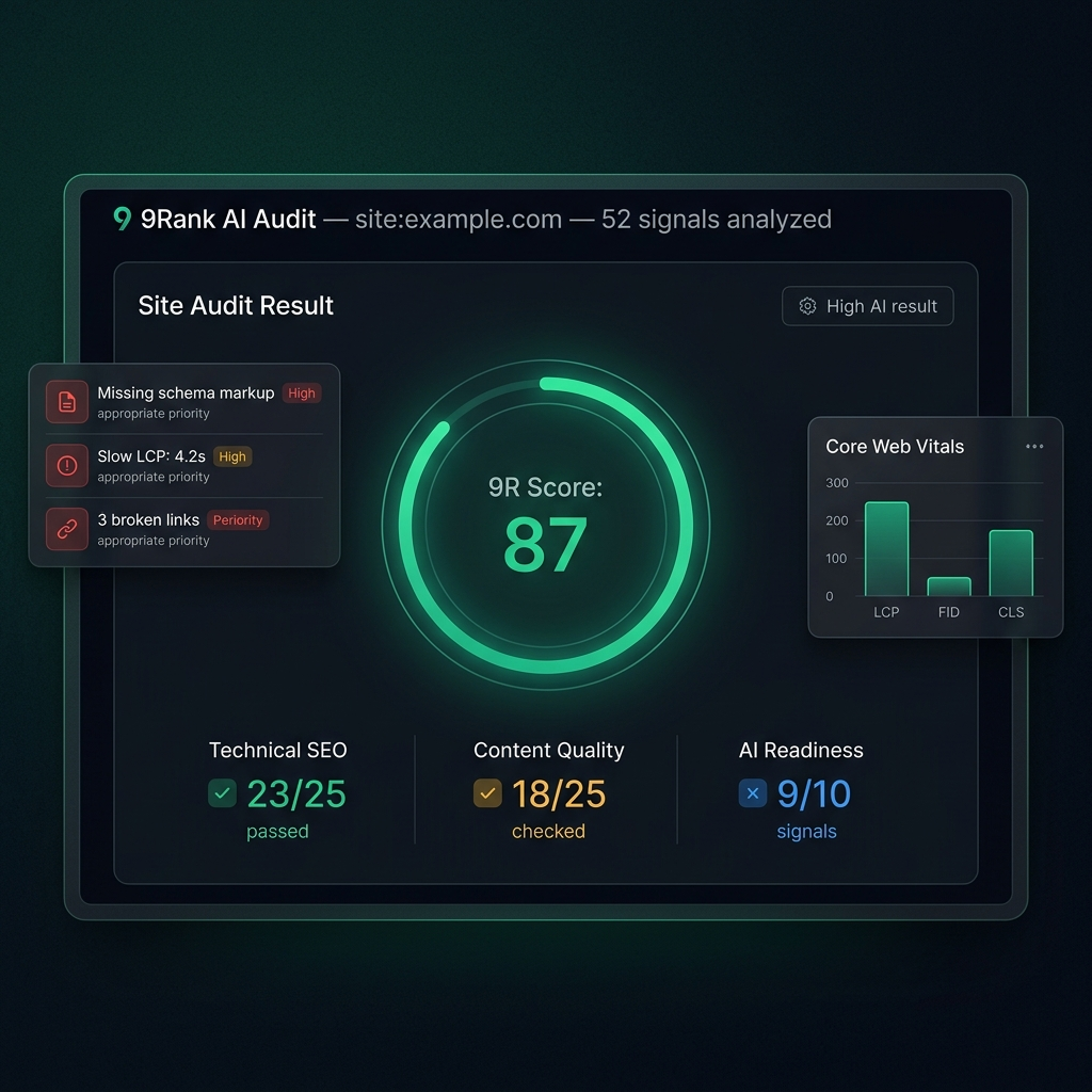 9Rank AI audit dashboard showing 9R Score ring, 52 signals analyzed, technical issues list, and Core Web Vitals.