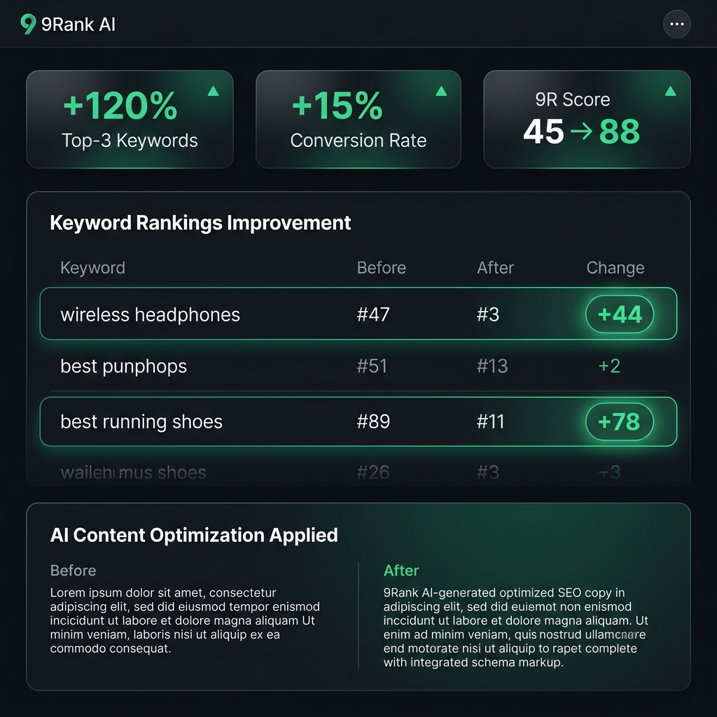 E-commerce keyword rankings improvement: before/after ranking table with 9Rank AI content optimization applied.