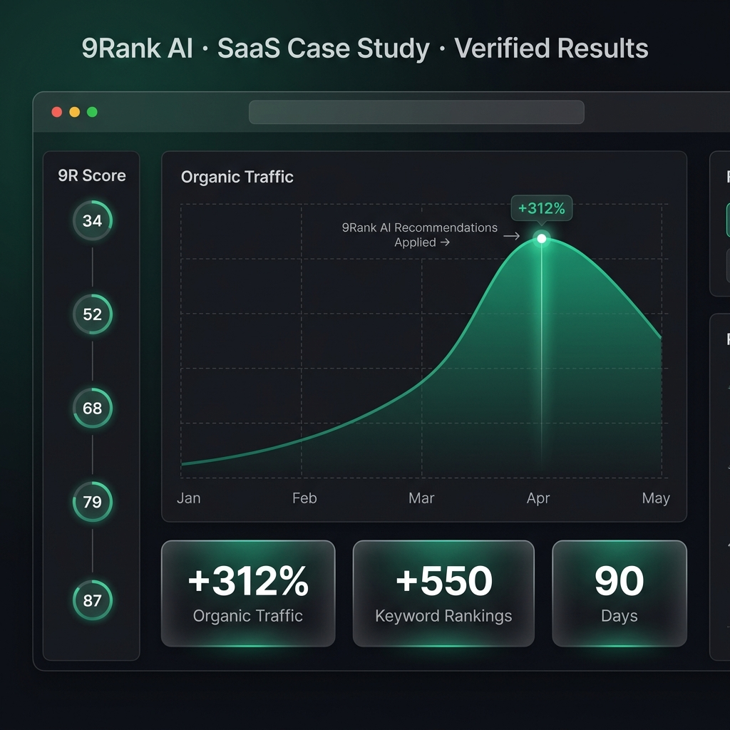 SaaS startup traffic growth case study: +312% organic traffic graph with 9Rank AI recommendations applied annotation.