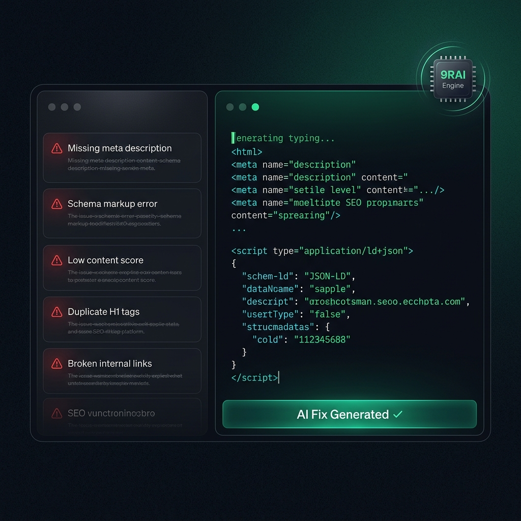 AI generating SEO fixes — meta descriptions, schema code, and content briefs.