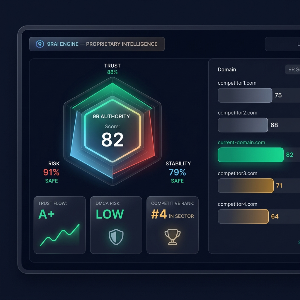 9Rank proprietary authority score: hexagonal 9R badge with Trust, Risk, Stability radar chart and competitor comparison.