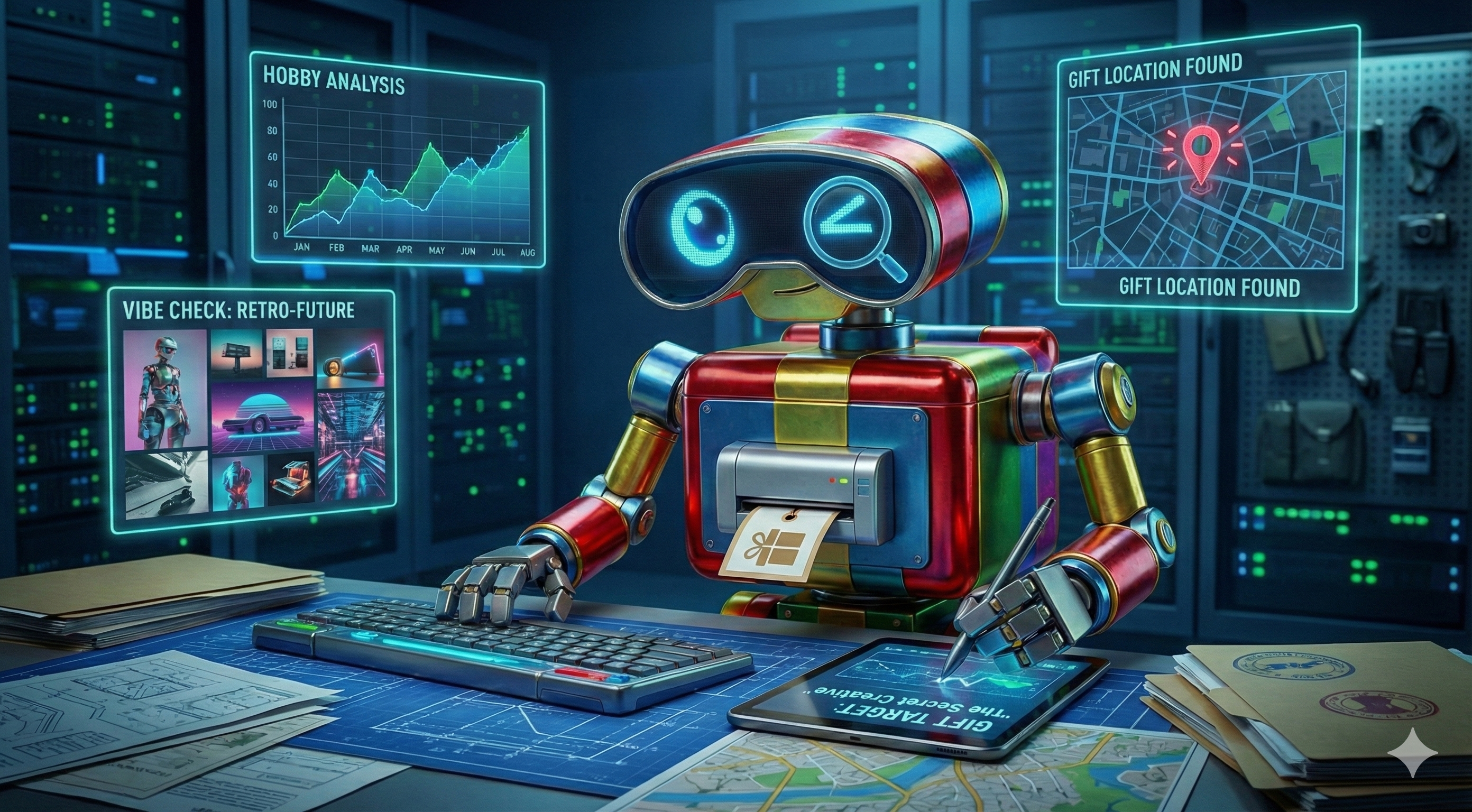 Myro AI operative searching for gifts on a futuristic interface