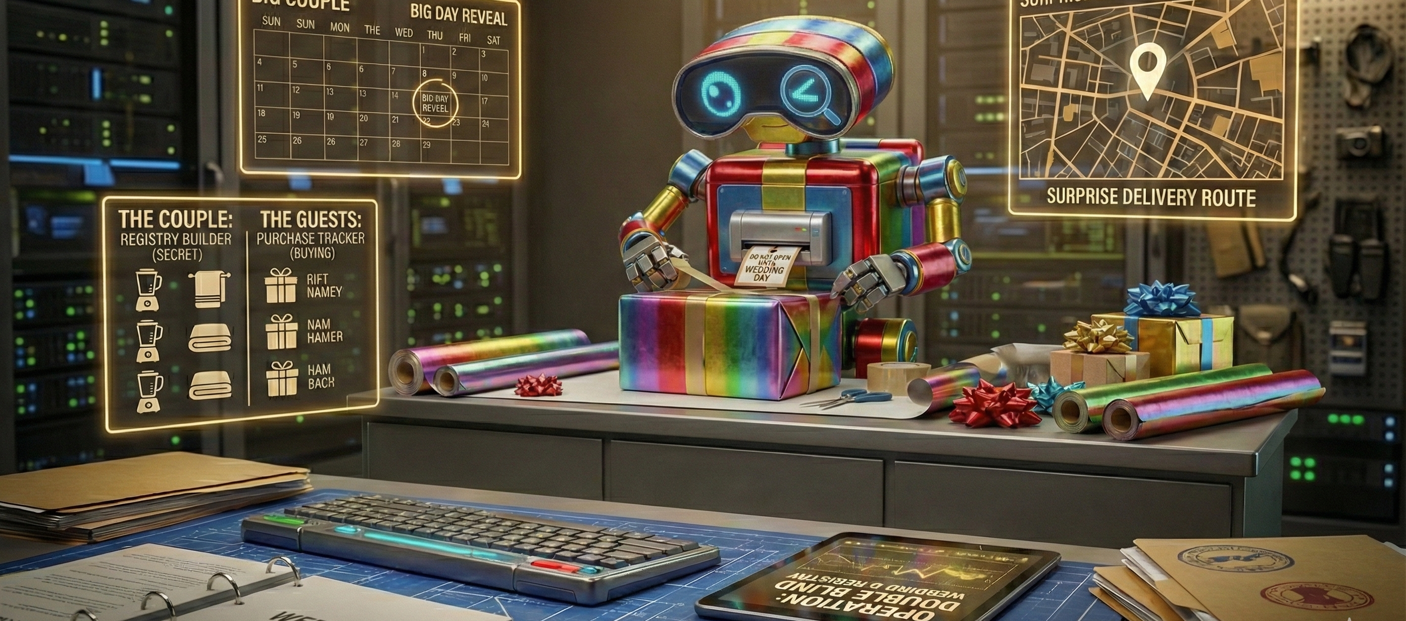 Myro AI carefully wrapping a gift.