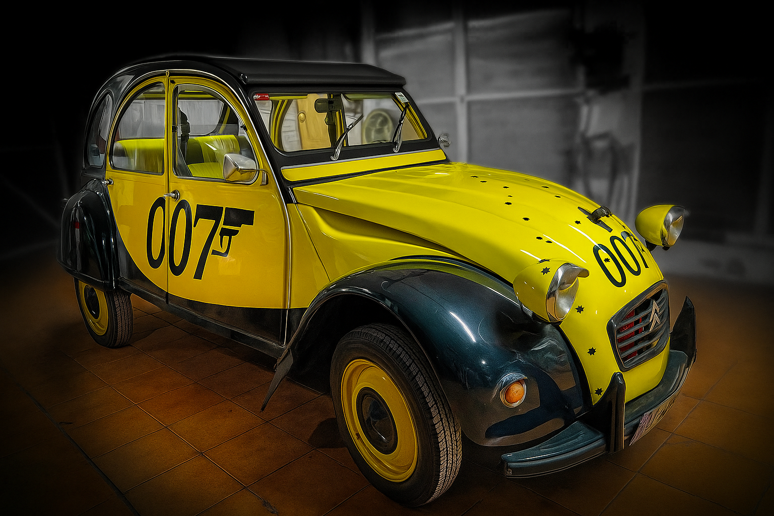 Un Citroën 2CV de época aparcado en una encantadora calle de Alicante, evocando una escena de película de James Bond.