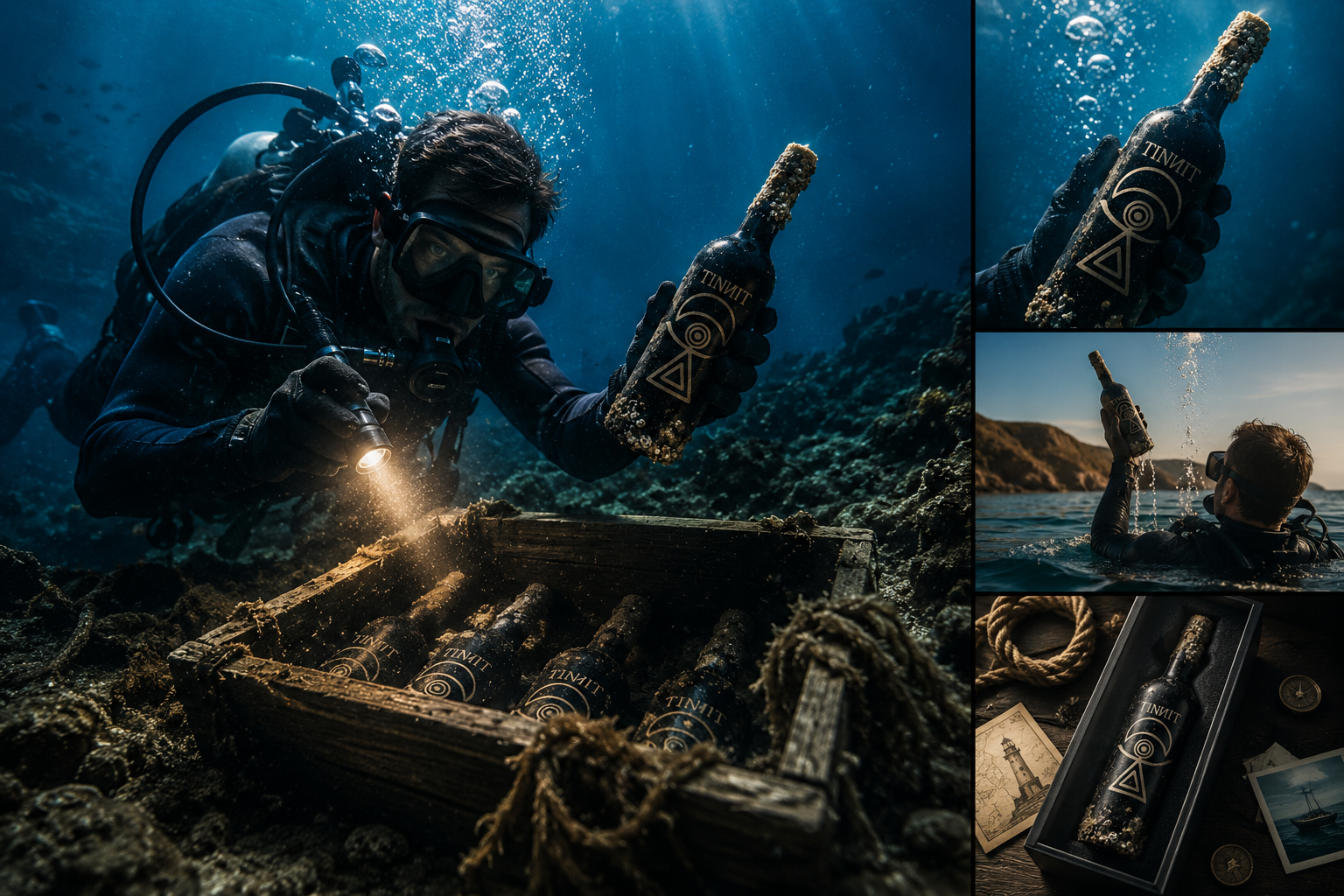 Buceo submarino para rescatar una botella de vino Tinnit en la costa de Alicante.