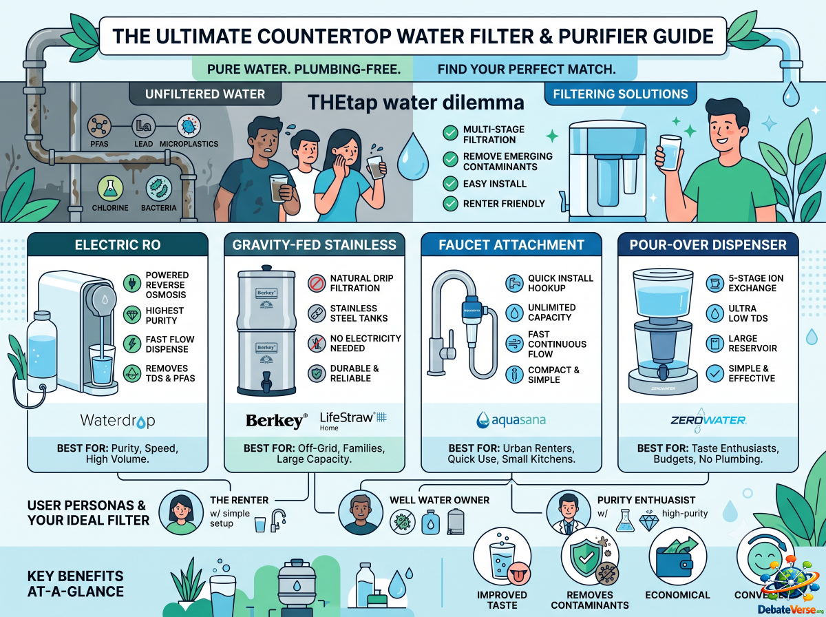Infographic of The Ultimate Countertop Water Filter & Purifier Guide: RO, Gravity, and Plumbing-Free Solutions