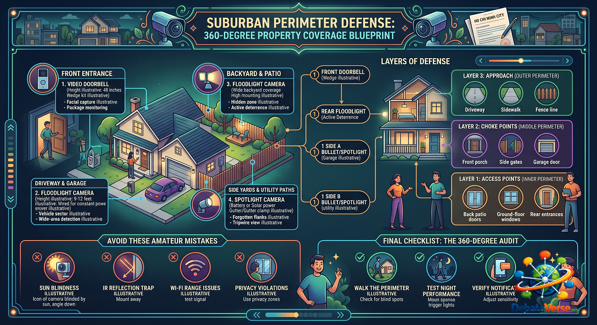 Infographic of Suburban Perimeter Defense: 360-Degree Property Coverage Blueprint