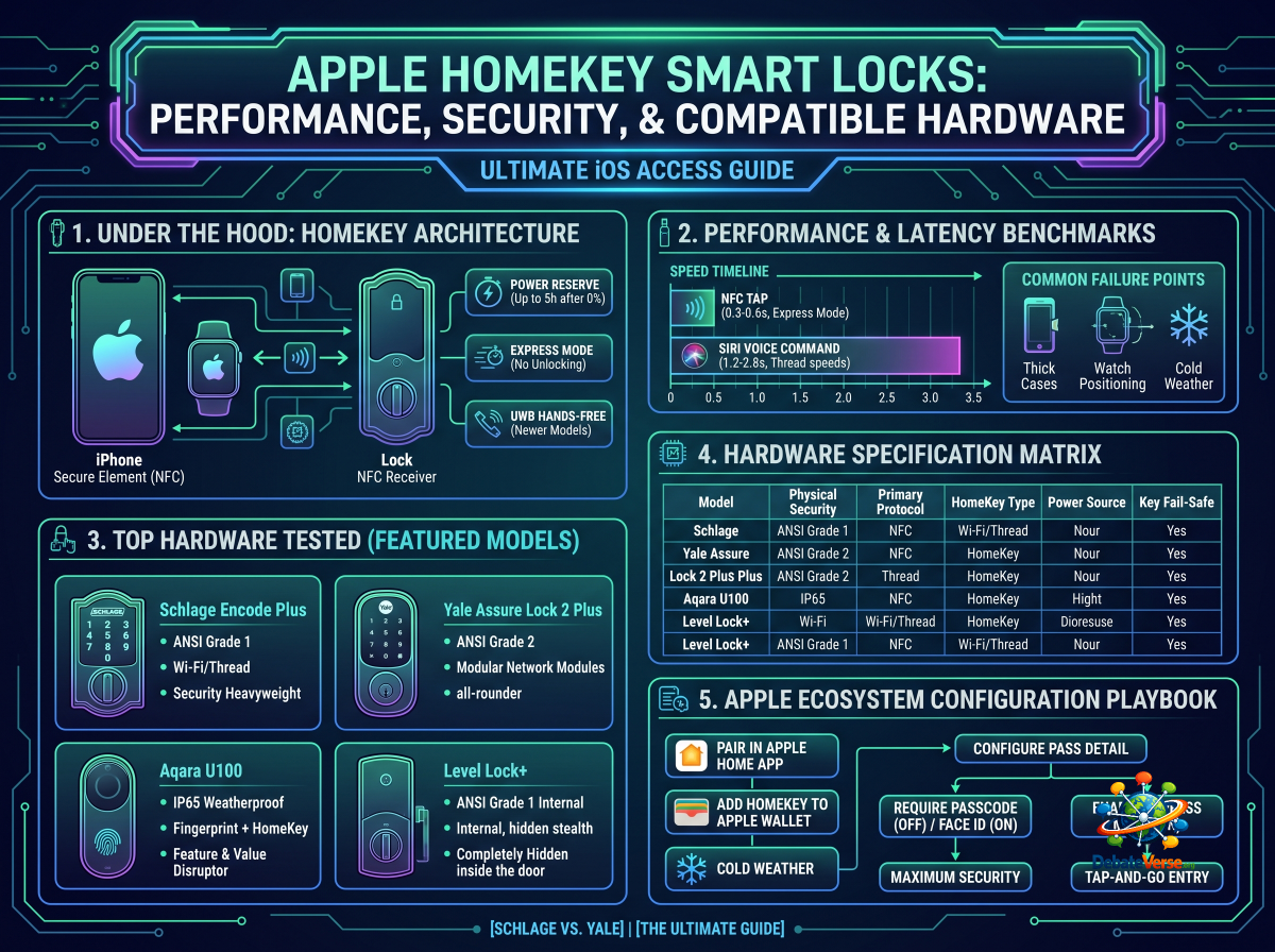 Infographic of Apple HomeKey Smart Locks: Performance, Security, and Compatible Hardware