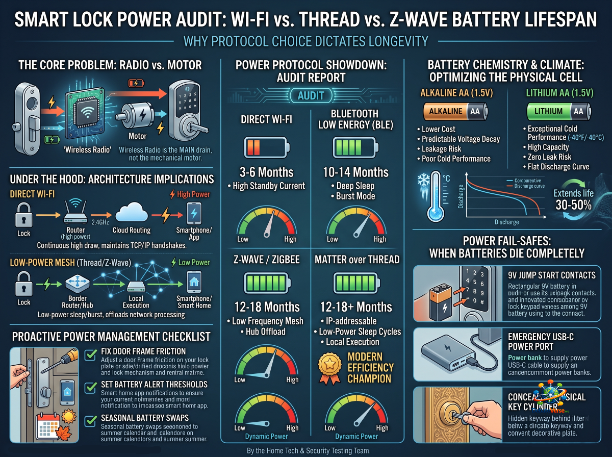 Infographic of Smart Lock Power Audit: Wi-Fi vs. Thread vs. Z-Wave Battery Lifespan