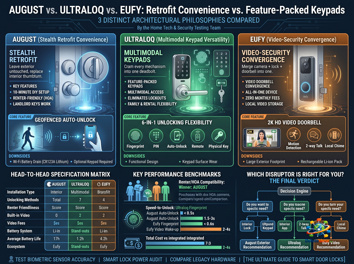 Infographic of August vs. Ultraloq vs. Eufy: Retrofit Convenience vs. Feature-Packed Keypads