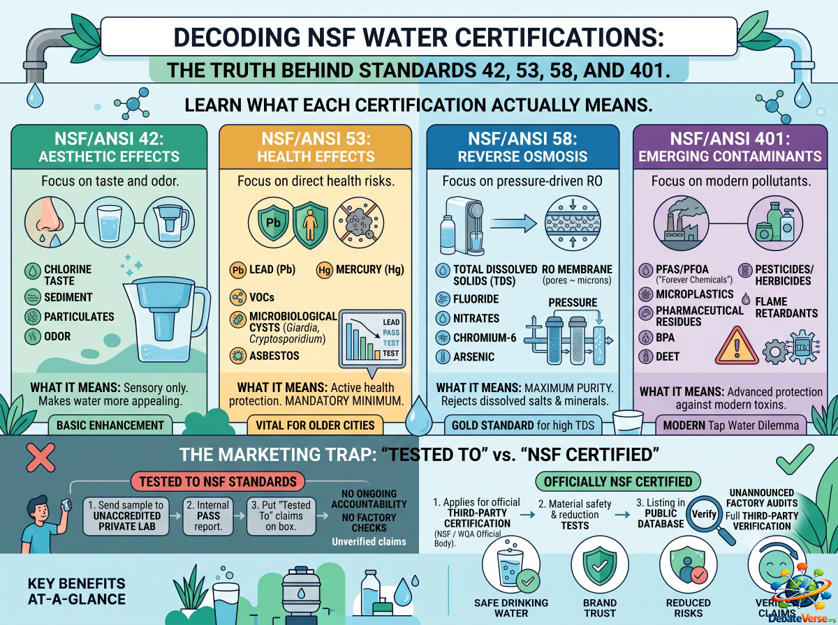 Infographic of Decoding NSF Water Certifications: The Truth Behind Standards 42, 53, 58, and 401