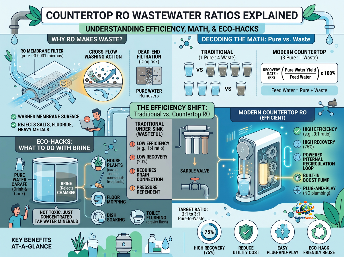 Infographic of Countertop RO Wastewater Ratios Explained: Efficiency, Math, and Eco-Hacks