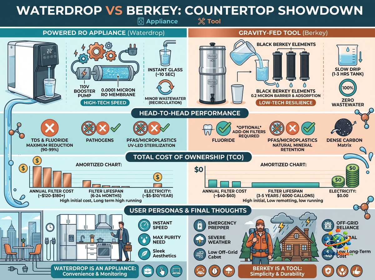 Infographic of Waterdrop vs. Berkey: Powered RO vs. Gravity Stainless Steel