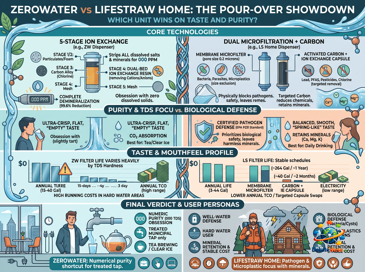 Infographic of ZeroWater vs. LifeStraw Home: Which Countertop Unit Wins on Taste and Purity?