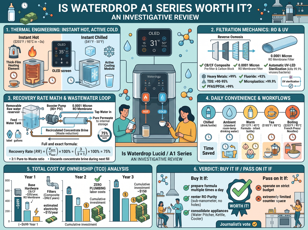 Infographic of Waterdrop Lucid / A1 Series Review: Is Instant Hot/Cold Countertop RO Worth It?