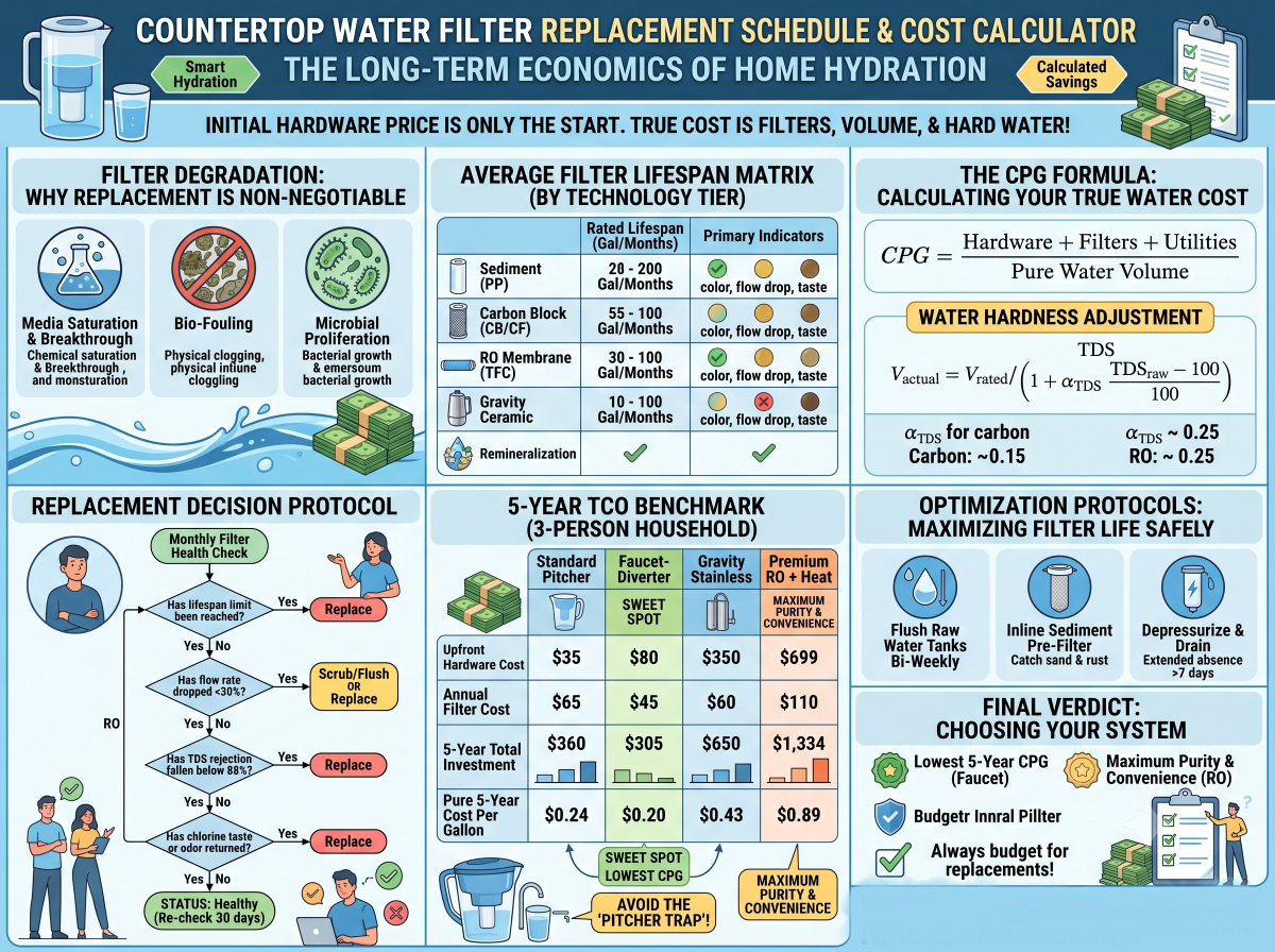 Countertop Water Filter Replacement Schedule & Cost Calculator Infographic