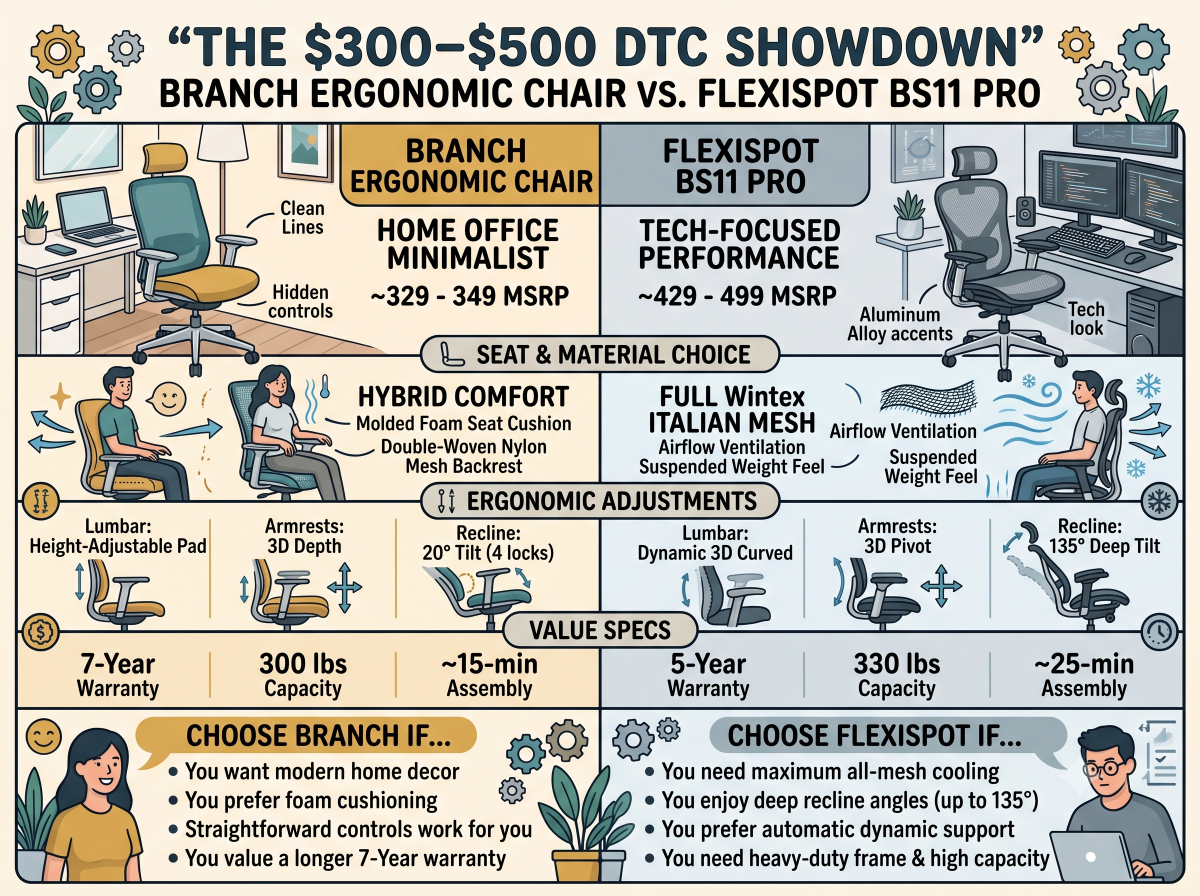 Branch Ergonomic Chair vs. FlexiSpot BS11 Pro: The $300–$500 DTC Showdown image