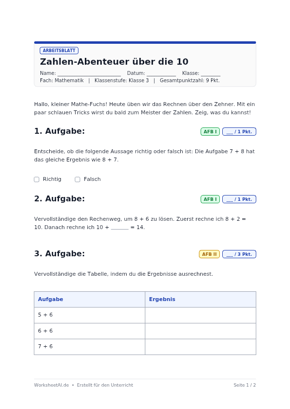 Zahlen-Abenteuer über die 10