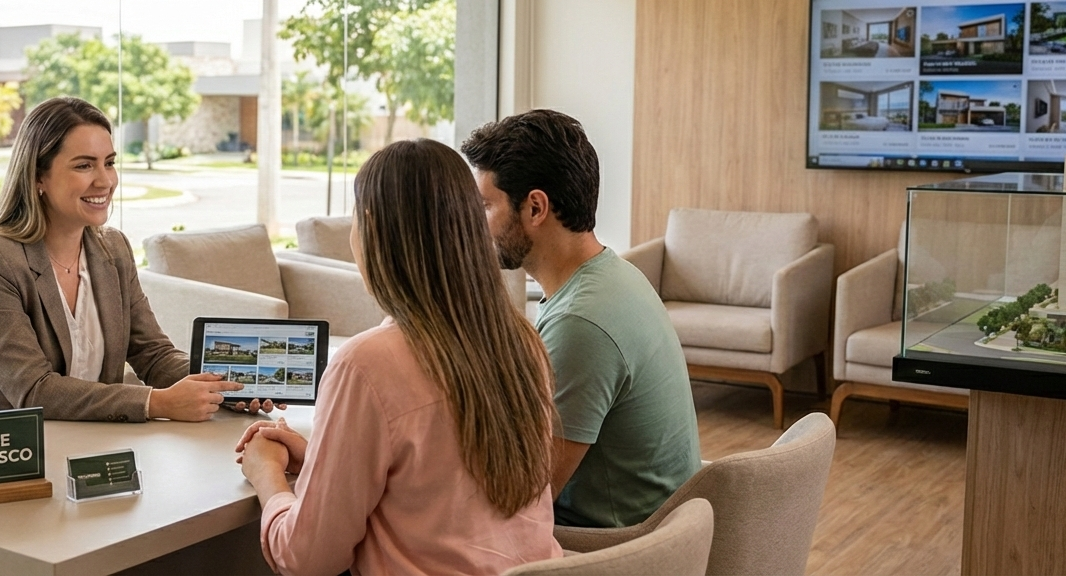 Corretor apresentando uma casa