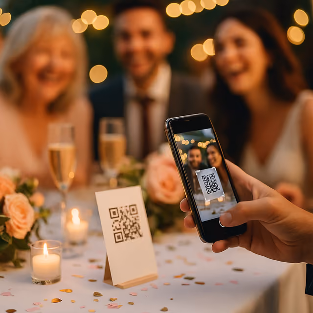 Gasten scannen de QR-code van Wegwerpcamera.nl op een kaartje op de bruiloftstafel