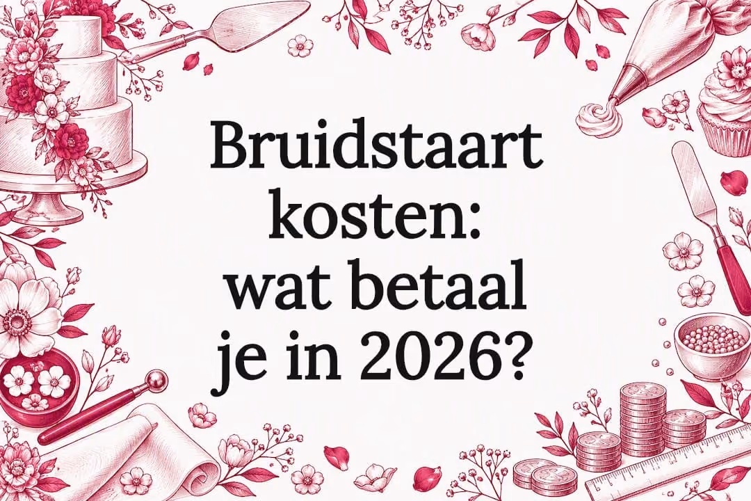 Decoratieve titelkaart met illustraties van een bruidstaart