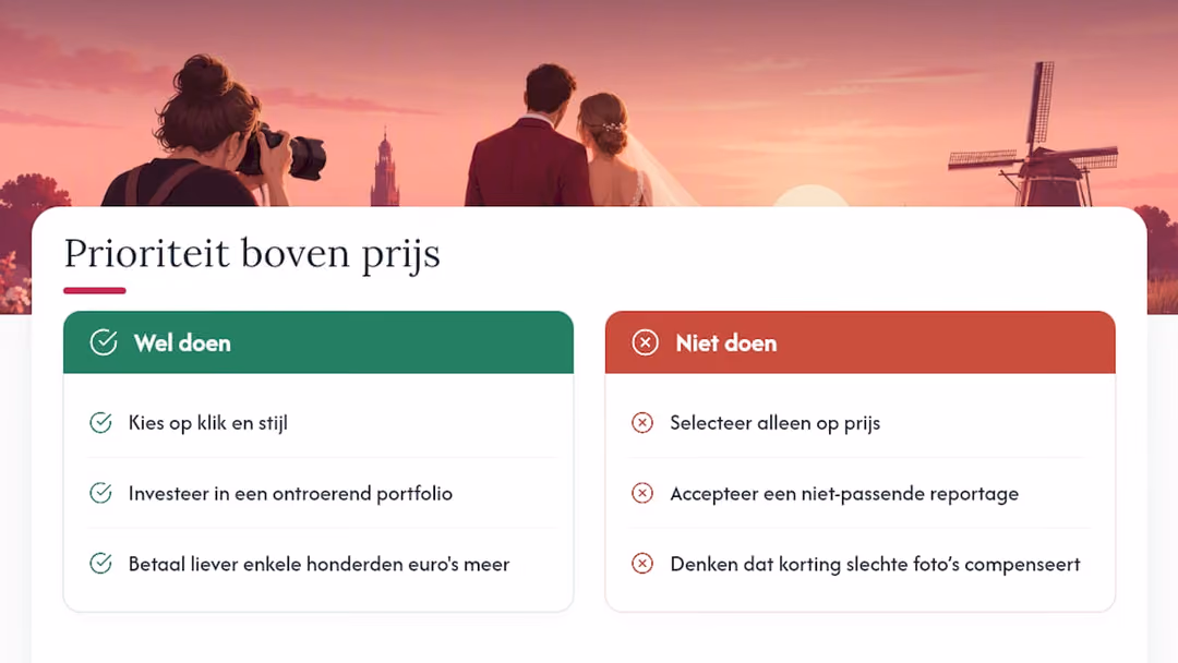 Waarom prioriteit boven prijs moet gaan bij het kiezen van je fotograaf — overview diagram