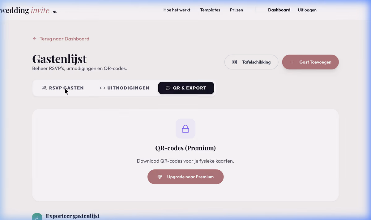 Het tabblad QR & export waarmee je de QR-code en de gastenlijst van je trouwpagina downloadt