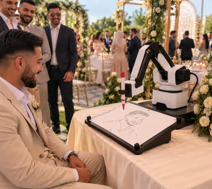 Golden-Hour Wedding Caricature Robot