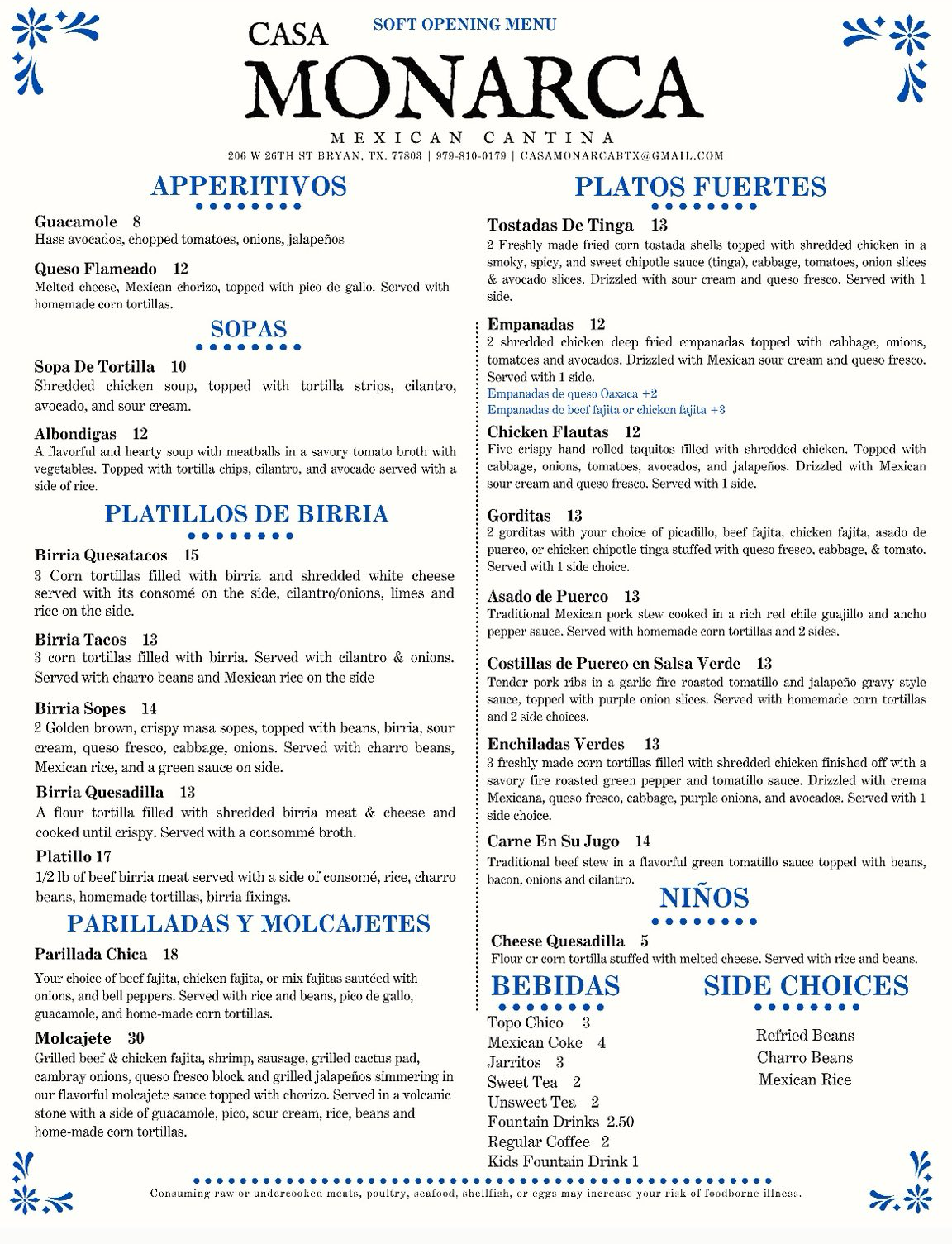 Casa Monarca Menu