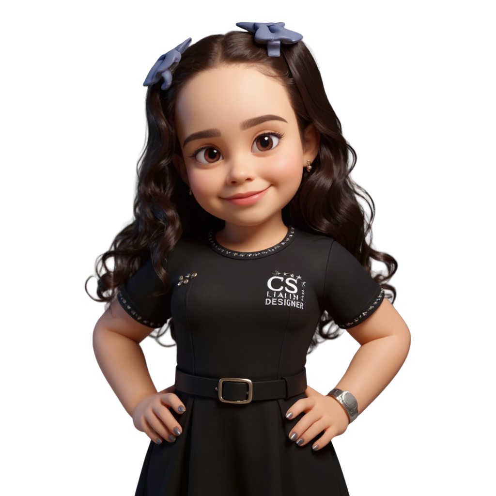 A 3D avatar of a friendly girl with dark hair and a black dress.